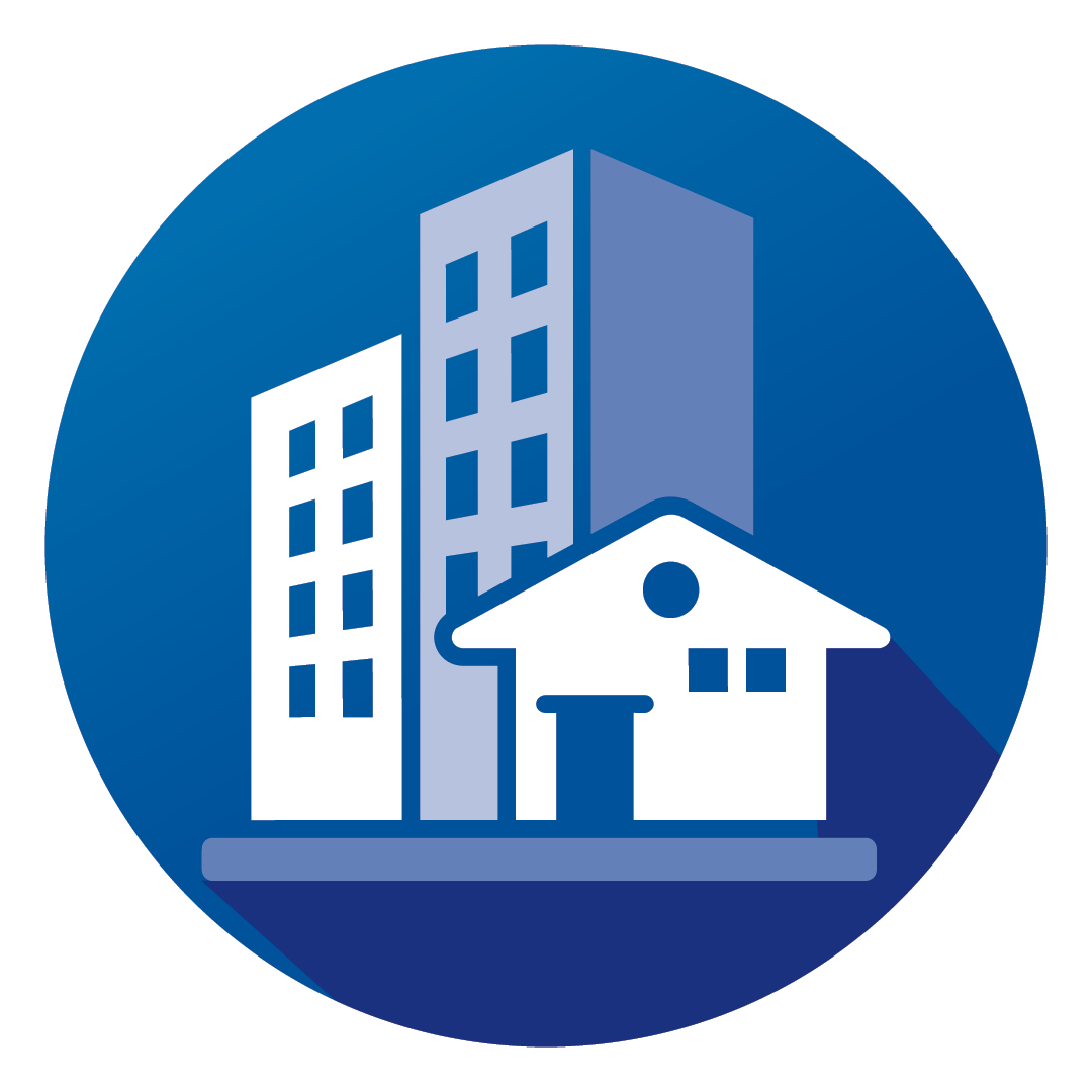 blue housing icon with two apartment buildings and a house